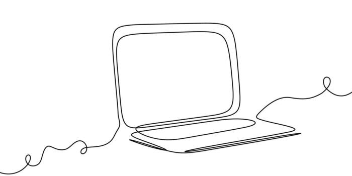 Laptop line continuous outline computer screen office work art pc illustration. Continuous laptop line single doodle notebook desktop typing business icon monitor digital email data technology. vector