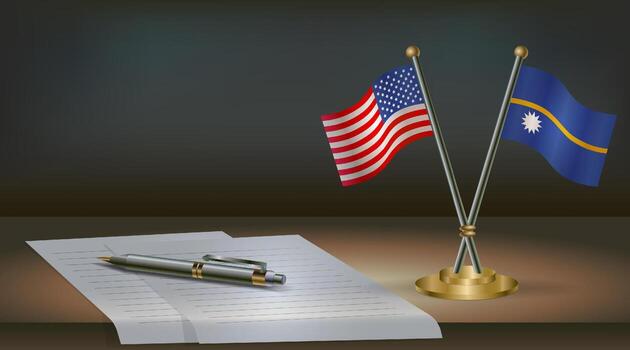USA and Nauru flags on table in office. International relations on a dark gradient color background vector