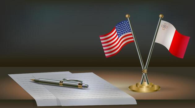 USA and Malta flags on table in office. International relations on a dark gradient color background vector