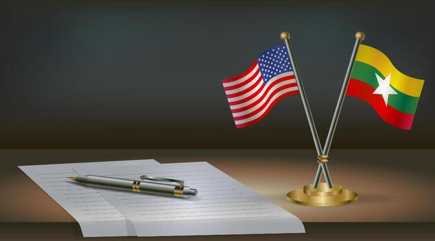 USA and Myanmar flags on table in office. International relations on a dark gradient color background vector