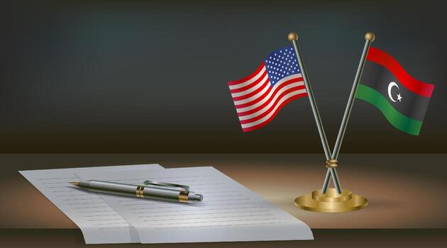 USA and Libya flags on table in office. International relations on a dark gradient color background vector
