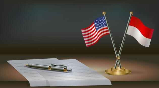 USA and Monaco flags on table in office. International relations on a dark gradient color background vector