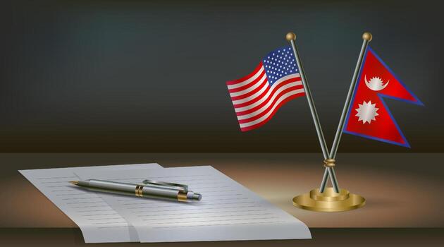 USA and Nepal flags on table in office. International relations on a dark gradient color background vector
