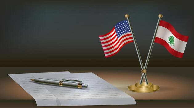USA and Lebanon flags on table in office. International relations on a dark gradient color background vector