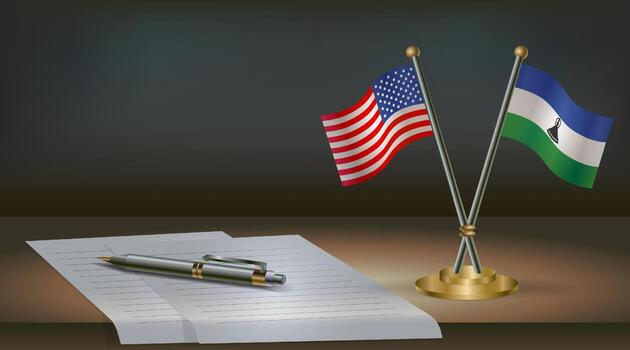 USA and Lesotho flags on table in office. International relations on a dark gradient color background vector