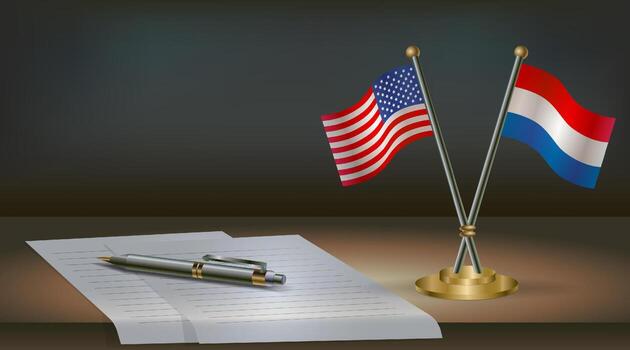USA and Netherlands flags on table in office. International relations on a dark gradient color background vector