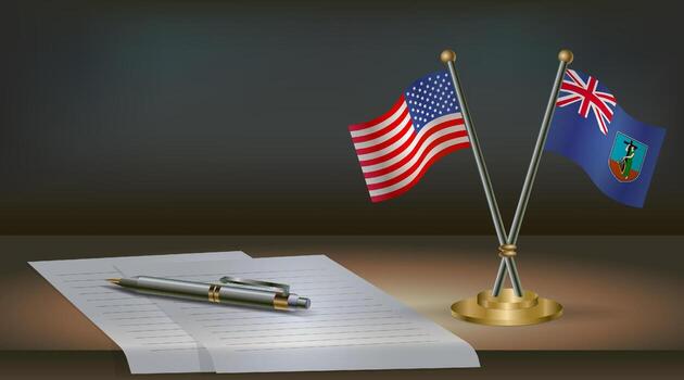 USA and Montserrat flags on table in office. International relations on a dark gradient color background vector