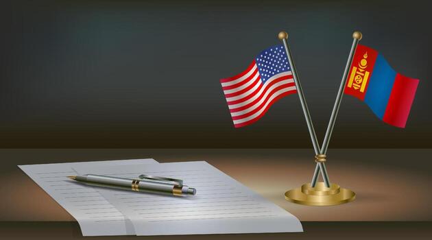 USA and Mongolia flags on table in office. International relations on a dark gradient color background vector