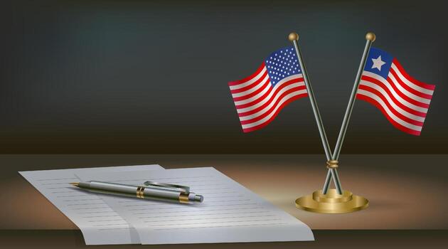 USA and Liberia flags on table in office. International relations on a dark gradient color background vector