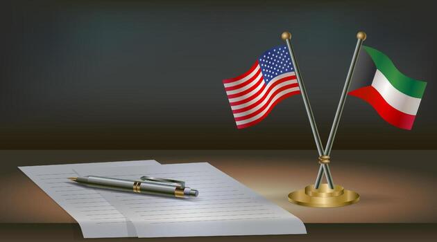 USA and Kuwait flags on table in office. International relations on a dark gradient color background vector