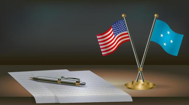 USA and Micronesia flags on table in office. International relations on a dark gradient color background vector