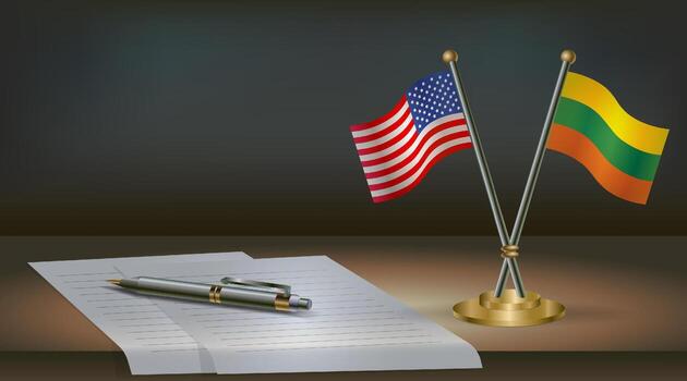 USA and Lithuanian flags on table in office. International relations on a dark gradient color background vector