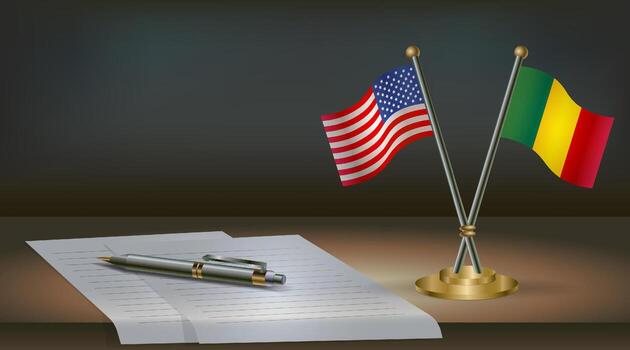 USA and Mali flags on table in office. International relations on a dark gradient color background vector