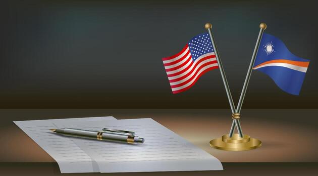 USA and Marshall Islands flags on table in office. International relations on a dark gradient color background vector