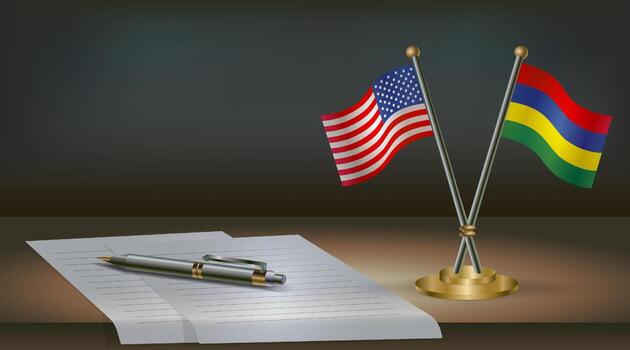 USA and Mauritius flags on table in office. International relations on a dark gradient color background vector