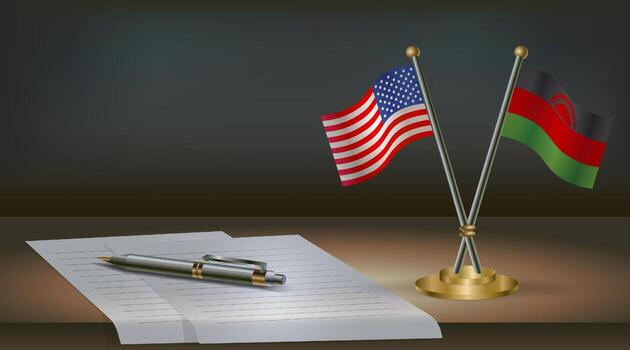 USA and Malawi flags on table in office. International relations on a dark gradient color background vector