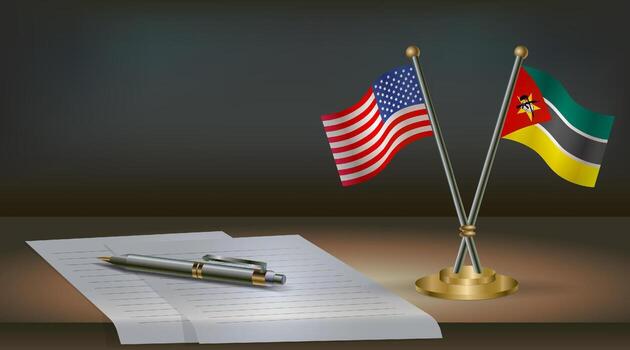 USA and Mozambique flags on table in office. International relations on a dark gradient color background vector