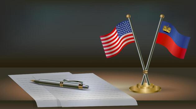 USA and Liechtenstein flags on table in office. International relations on a dark gradient color background vector