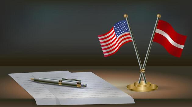 USA and Latvia flags on table in office. International relations on a dark gradient color background vector