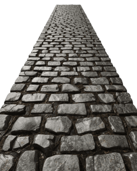 Cobblestone pathway extending into the distance, texture on an isolated transparent background, png