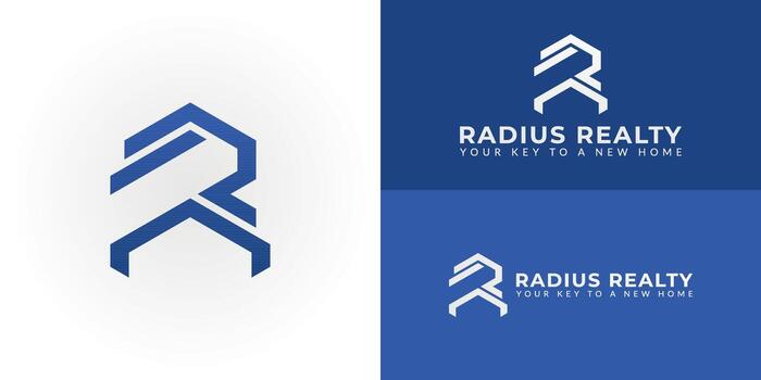 A modern logo for a real estate agent service features a dynamic design that forms an arrow and a home. The emblem integrates the initials RR, symbolizing growth, trust, and professionalism. vector