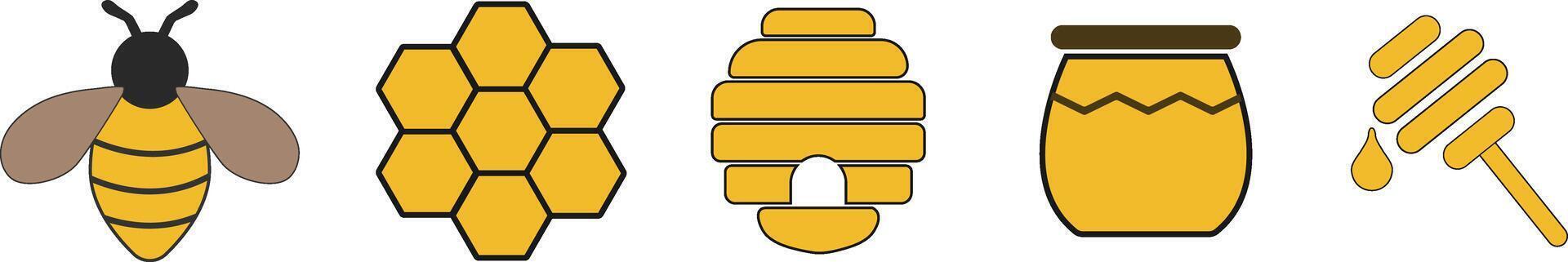 Bee and Honey Icons . Minimalist Set of Honeycomb, Hive, Jar, and Dipper vector