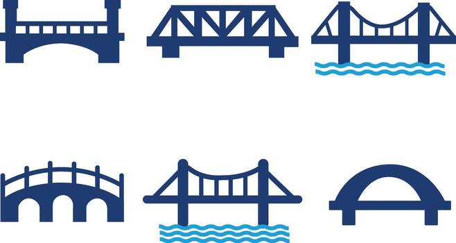 Stylized Bridge Icons set . Minimalist Blue Set of Architectural Structures vector