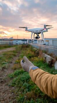Gloved hand launching a white drone with camera in an open outdoor area at sunset with blurred background buildings photo
