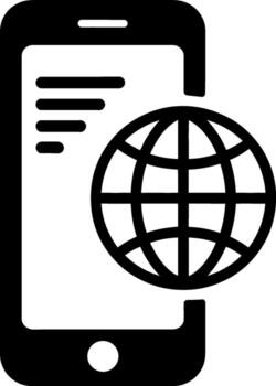 Black icon of a smartphone displaying text next to a globe mobile phone world vector