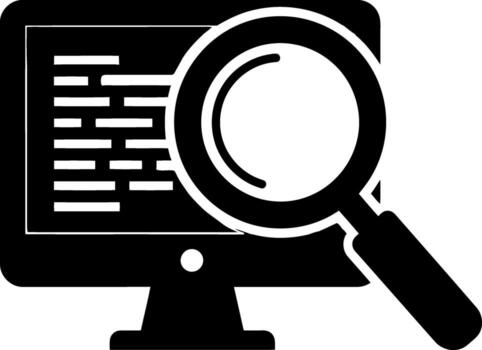 Computer screen with magnifying glass symbolizes data search and information analysis for online research vector