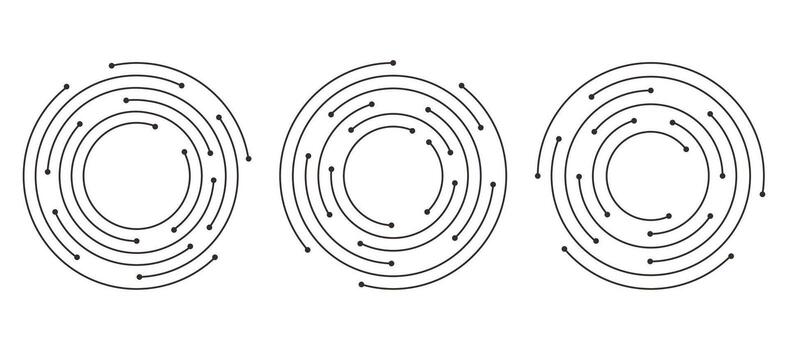 Circuit board circle line dots connection set. Motherboard electronic technology data, electrical board, cpu. Programming science, computer system elements vector