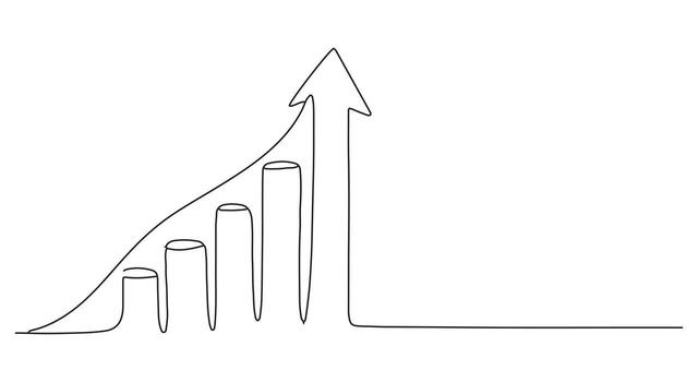 Single line drawing of a rising bar chart with arrow vector