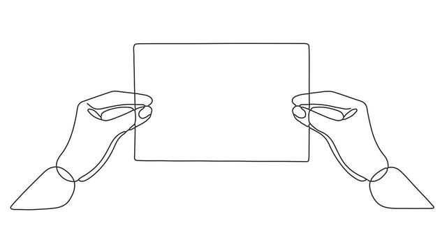 dos manos participación un blanco rectangular tarjeta con continuo línea Arte vector