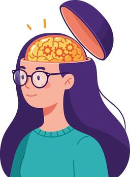 Woman with open head showing glowing orange gears symbolizing brain function creativity and thinking process illustration vector