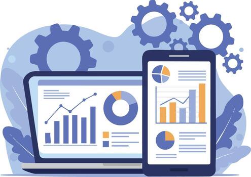 Data Analytics Dashboard with Graphs and Pie Charts on Laptop and Smartphone Illustration vector