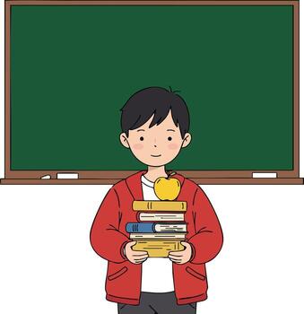 Young student holding stack of books with apple standing in front of green chalkboard in classroom setting vector