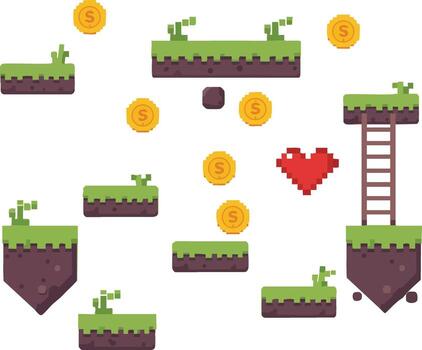 Pixel art style game level with floating grass platforms coins ladder and heart illustration vector