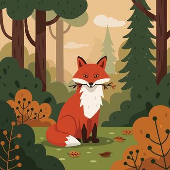 Red fox sitting in autumn forest with pine and deciduous trees illustration art vector