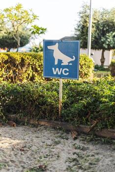 A blue sign features a dog icon with the letters WC, marking a specific area for dog waste disposal. The location is a green park with hedges and trees under clear skies photo
