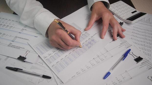 Hands working diligently on financial documents with charts, ledgers, and a calculator present, showcasing a busy afternoon of analysis in an office environment photo