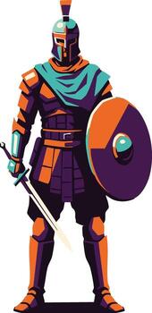 Medieval knight in armor holding sword and shield standing with helmet and cloak illustration vector