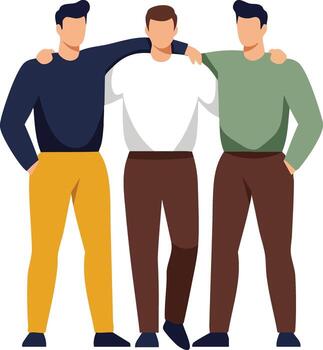 Three men standing together with arms around shoulders showing friendship and unity illustration vector