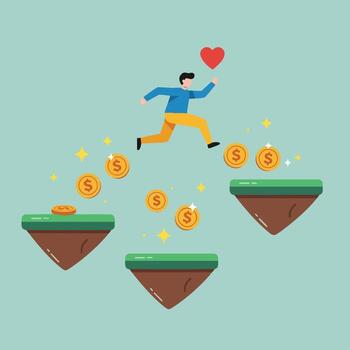 Man jumping over floating platforms with gold coins and heart symbol in simple flat style illustration vector