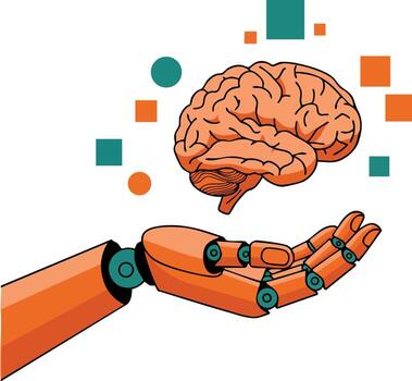 Robot hand holding human brain with digital data symbols artificial intelligence concept illustration vector