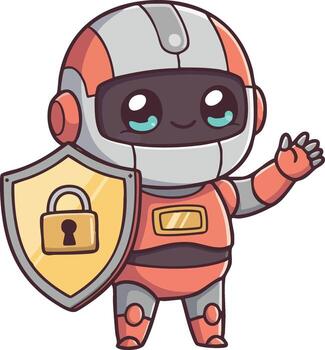 Cute robot character holding shield with lock symbol representing digital security and protection concepts in style vector