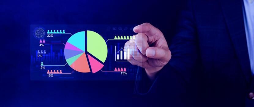 Market research and marketing analysis with Ai technology. customer surveys and statistics. analysts touch on pie charts and graphs, financial growth graph chart report, photo