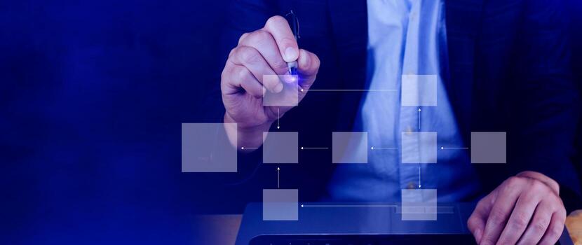 Business process and data management organigram, Design workflow automation with flowcharts, model work structure digital, mindmap or organigram, hierarchy scheme. photo