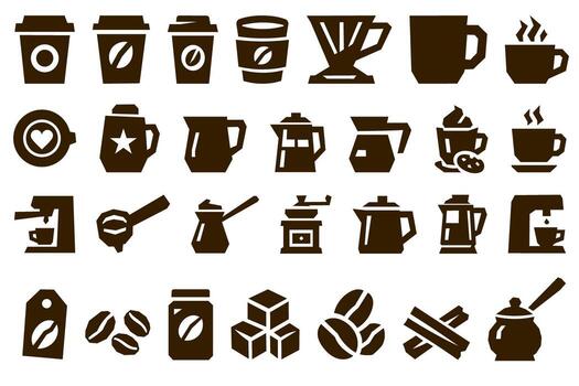 Coffee icon set with cups, mugs, espresso machine, beans and brewing tools in minimal flat style vector