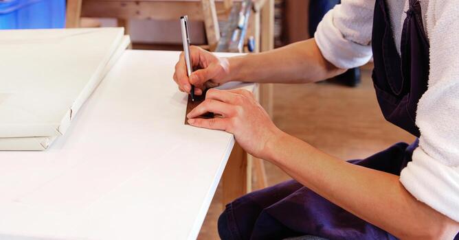 Closeup of artist hand drawing circular shapes on a piece of linoleum using a pen and a ruler. Hand of the student sketching print design photo