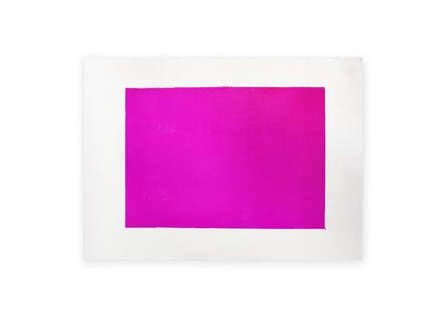Vibrant magenta rectangle printed on white paper with white frame. Isolated on white background. Abstract, minimalist artwork. Modern minimalist design frame photo